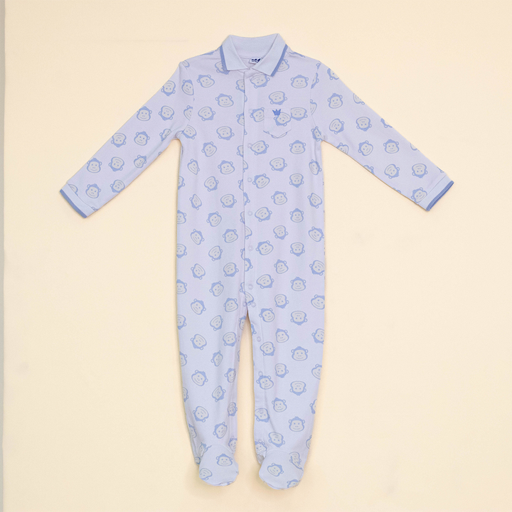 Pijama Blanca de Algodón con Estampado de Monos Azules para Bebé Niño