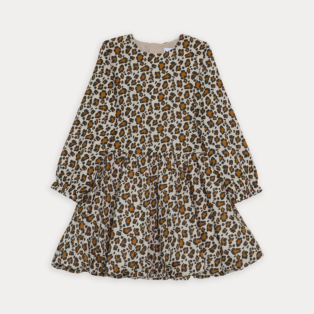 Vestido De Popelina Ligera Manga Larga Con Estampado De Leopardo Para Niña