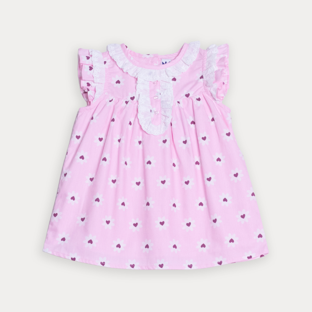 Vestido De Popelina Rosado Con Estampado De Flores Blancas Para Bebe Niña