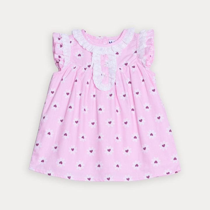 Vestido De Popelina Rosado Con Estampado De Flores Blancas Para Bebe Niña