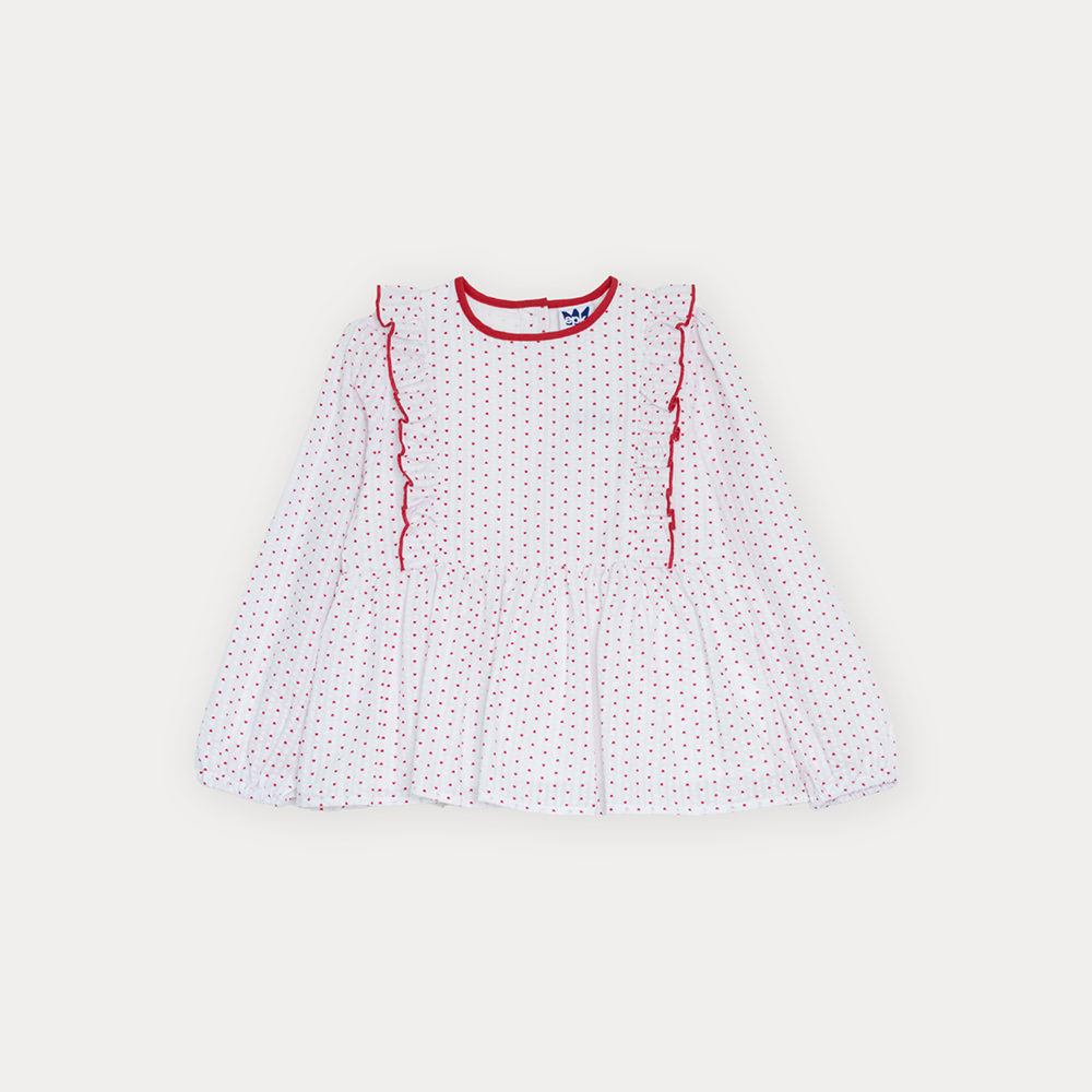 Blusa De Sirsaca Blanca Manga Larga Con Estampado De Corazones Rojos Para Niña