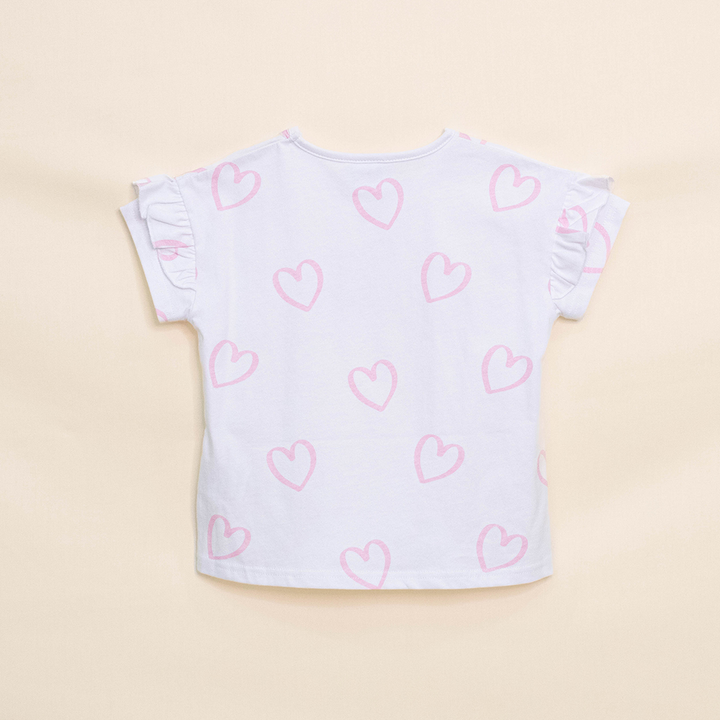Franela Blanca de Algodón con Estampado de Corazones Rosados para Niña