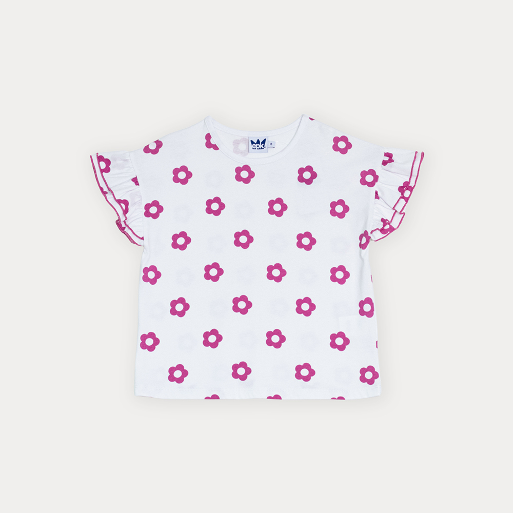 Franela De Algodón Blanco Con Estampado De Flores Fucsia Para Niña