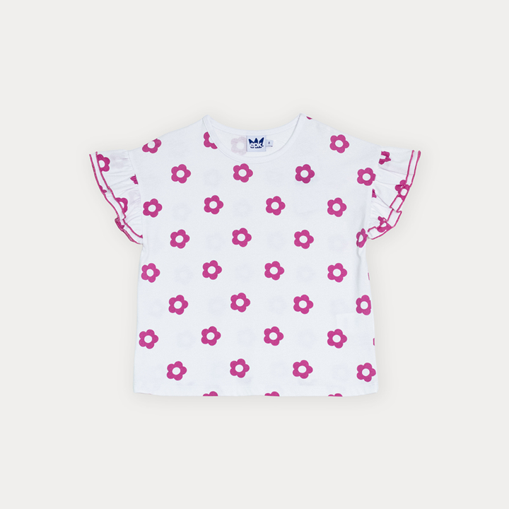 Franela De Algodón Blanco Con Estampado De Flores Fucsia Para Niña