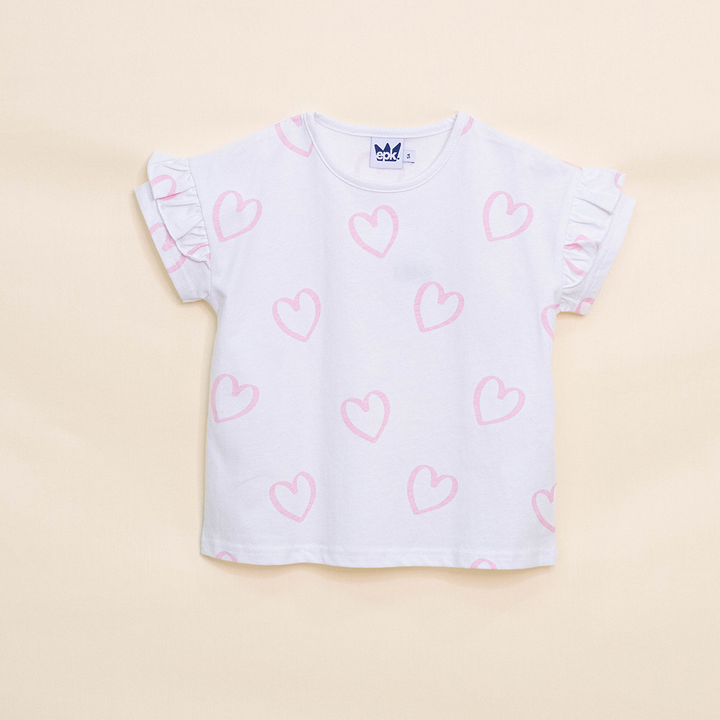 Franela Blanca de Algodón con Estampado de Corazones Rosados para Niña