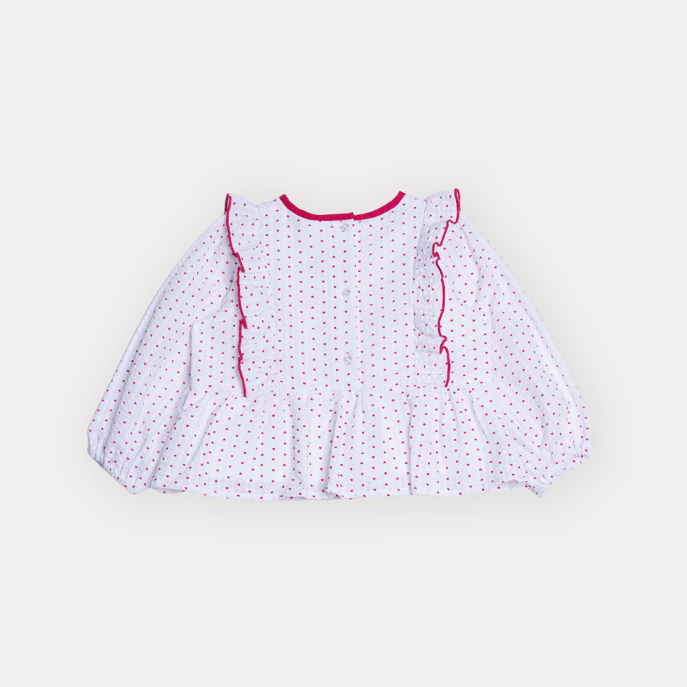 Blusa Sirsaca Blanca Manga Larga Con Estampado De Corazones Rojos Para Bebe Niña
