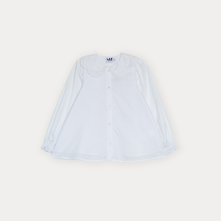 Blusa De Popelina Ligera Blanca Con Cuello De Eyelet Para Niña