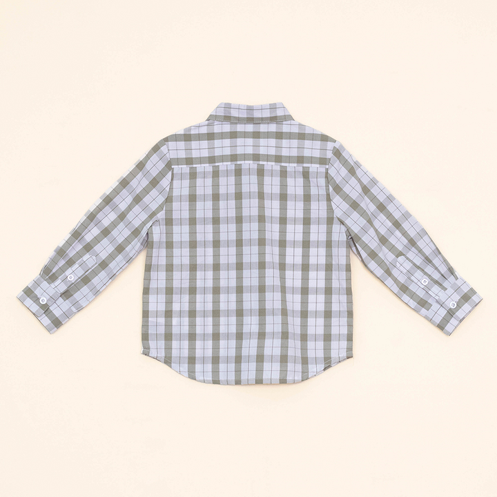 Camisa Manga Larga de Popelina con Cuadros Blancos y Verdes para Bebé Niño