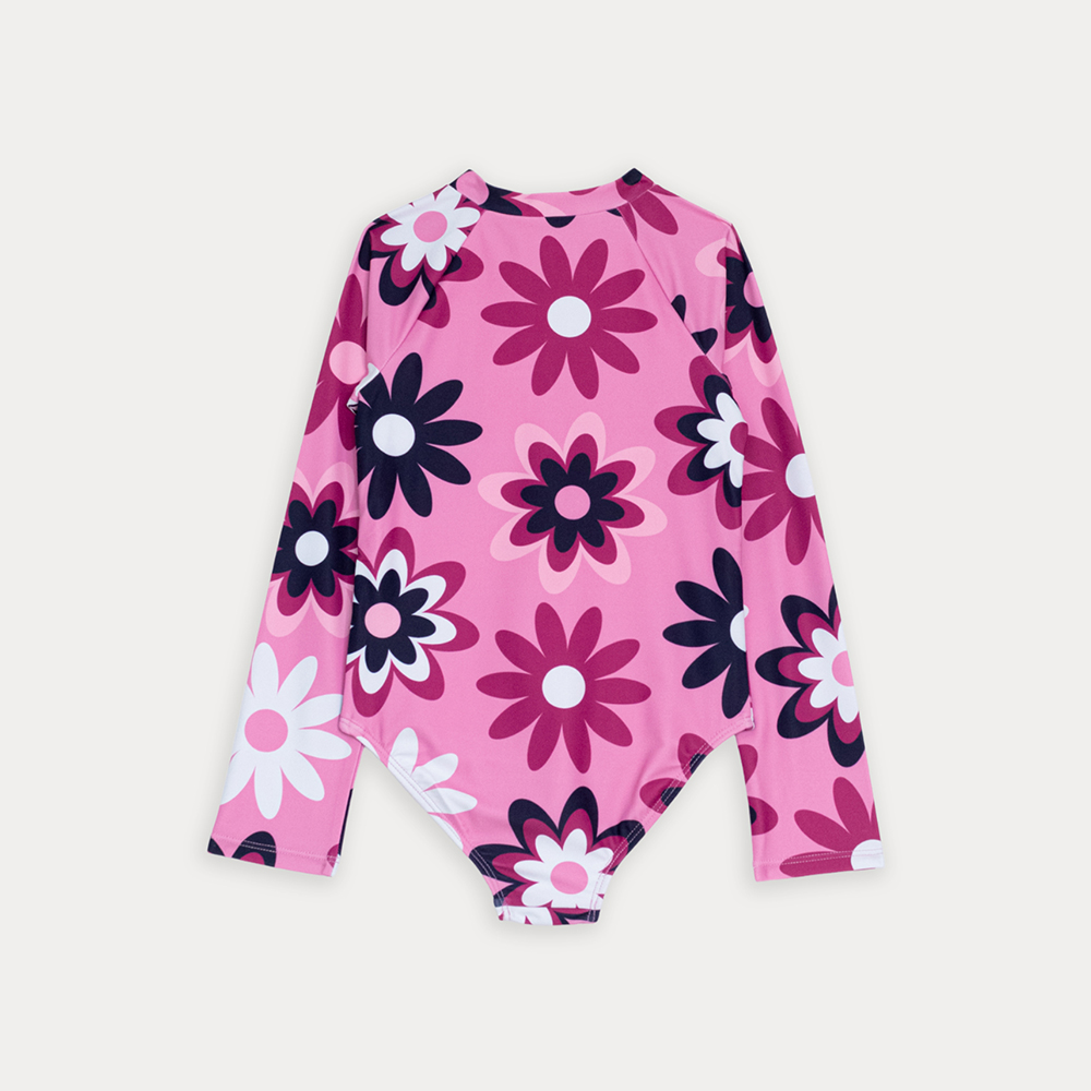 Traje De Baño Manga Larga Rosado Con Estampado De Flores Grandes Para Niña