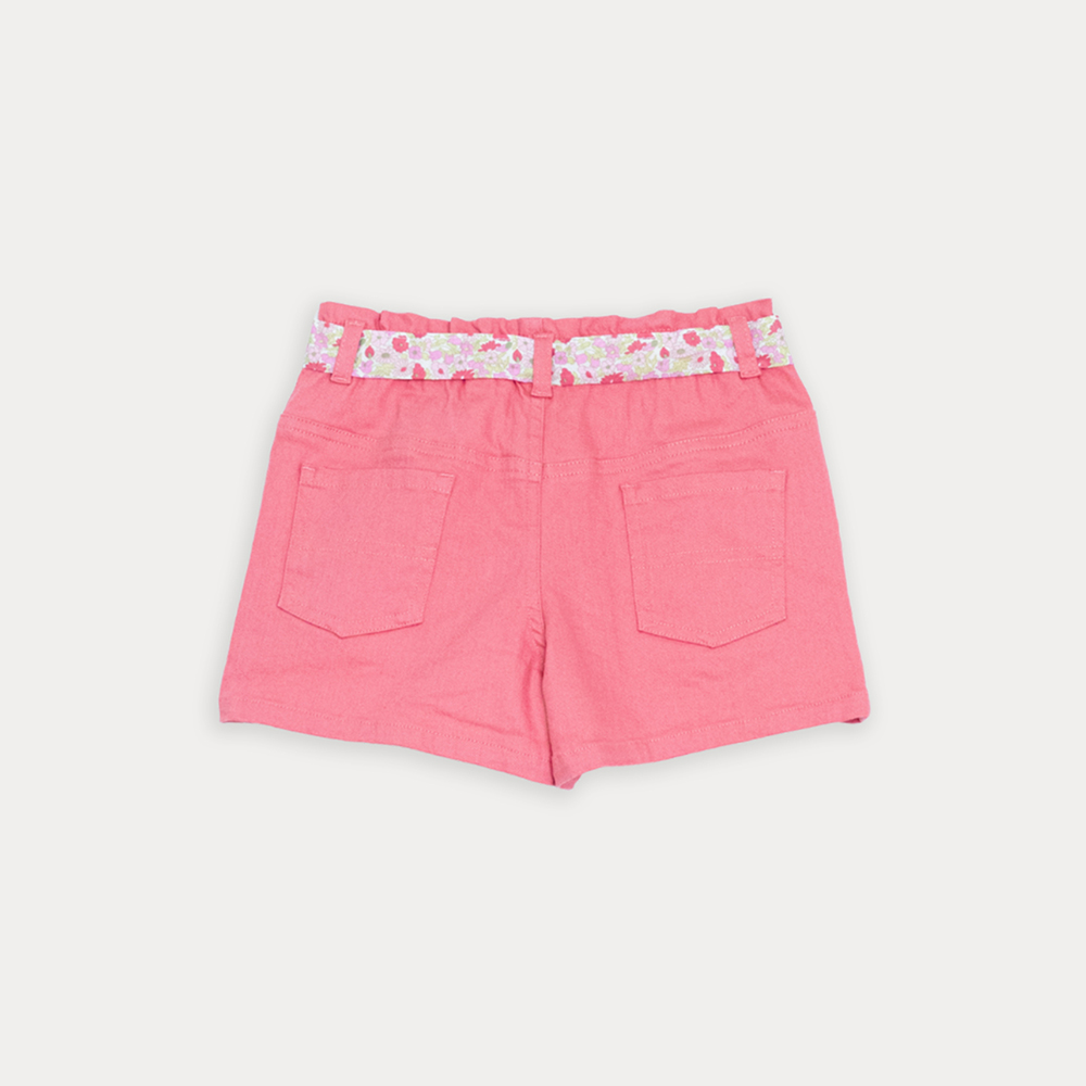 Shorts De Twill Rosado Guayaba Con Cinturón De Popelina Con Estampado Floral Para Niña
