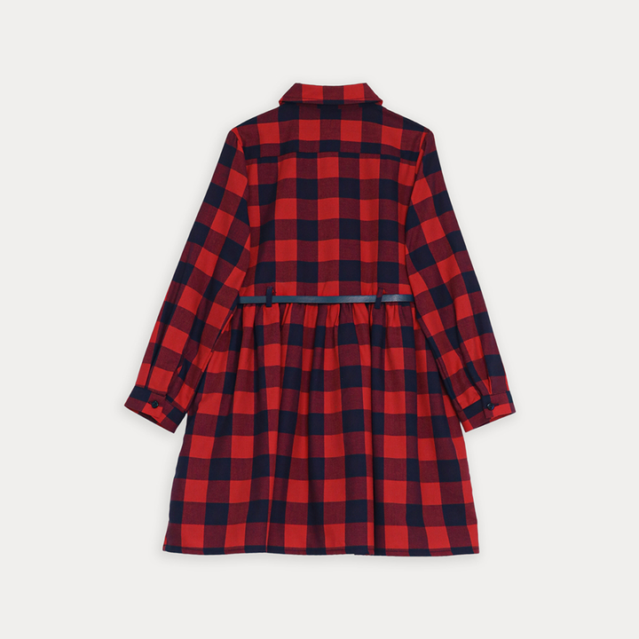 Vestido De Flannel Twill Con Estampado De Cuadros Vinotinto Y Azul Marino Para Niña