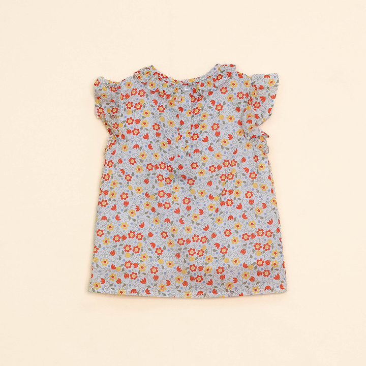 Blusa Sin Mangas de Popelina Ligera con Estampado de Flores Anaranjadas y Amarillas para Bebé Niña