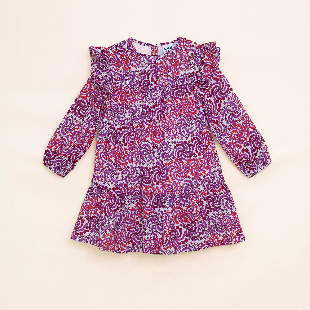 Vestido de Popelina Ligera con Nido de Abeja y Estampado Rojo y Morado, Manga Larga, para Niña