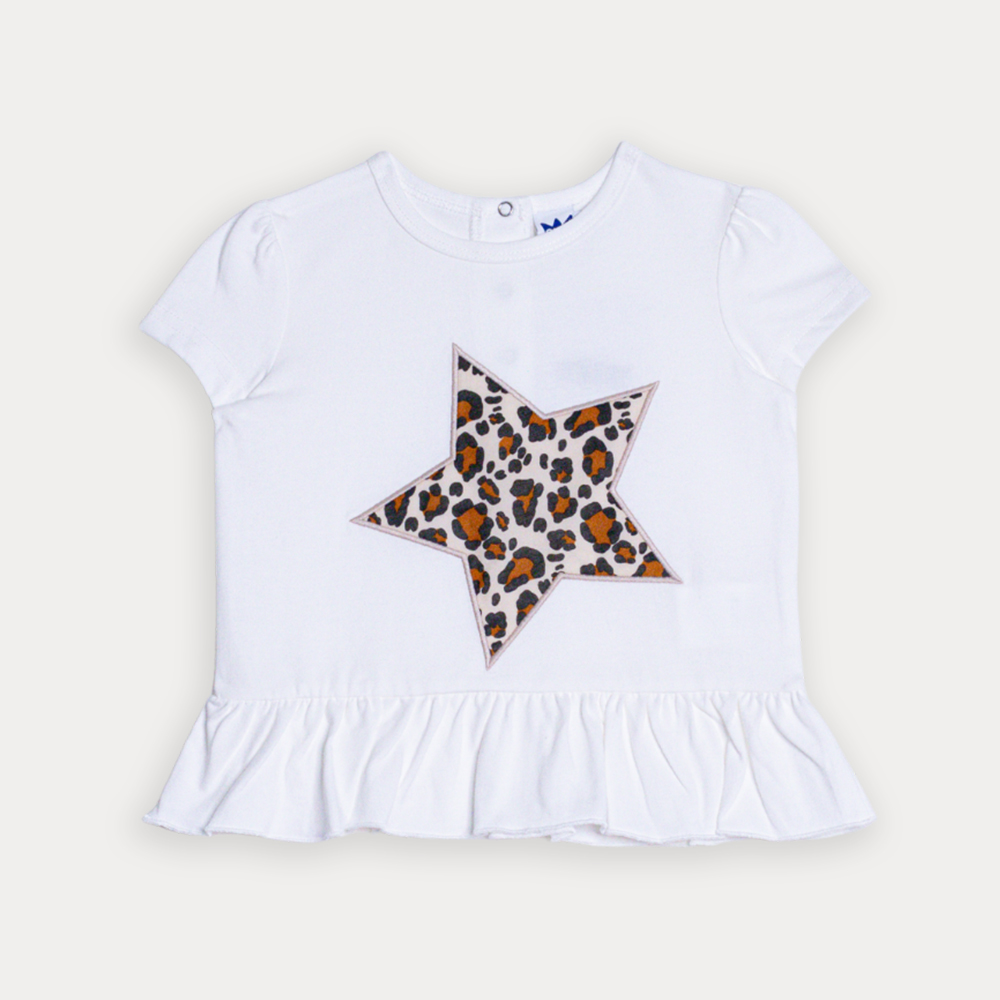Franela De Algodón Crema Con Bordado De Estrella Con Estampado De Leopardo Para Bebe Niña
