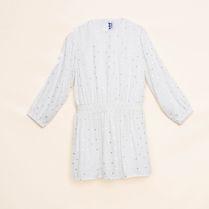 Vestido Blanco Manga Larga con Estampado de Estrellas Plateadas para Niña