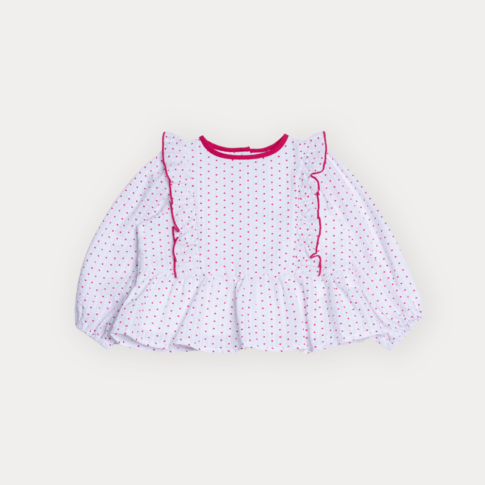 Blusa Sirsaca Blanca Manga Larga Con Estampado De Corazones Rojos Para Bebe Niña