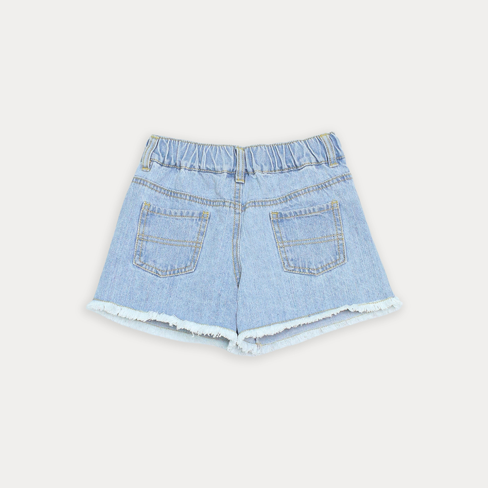 Short De Jean Azul Claro Con Bordado De Bacterias Fucsia Para Niña