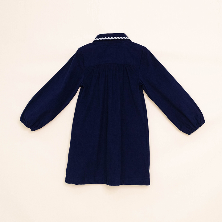 Vestido Azul Oscuro de Corduroy Manga Larga, para Niña