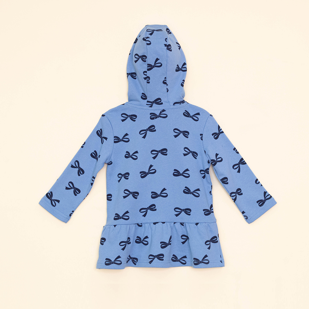 Vestido Azul Manga Larga de Algodón con Estampado de Lazos y Capucha para Bebé Niña