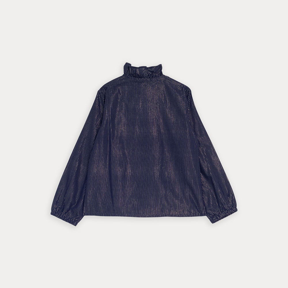 Blusa De Popelina Ligera Azul Marino Con Detalles De Hilo Dorado Para Niña