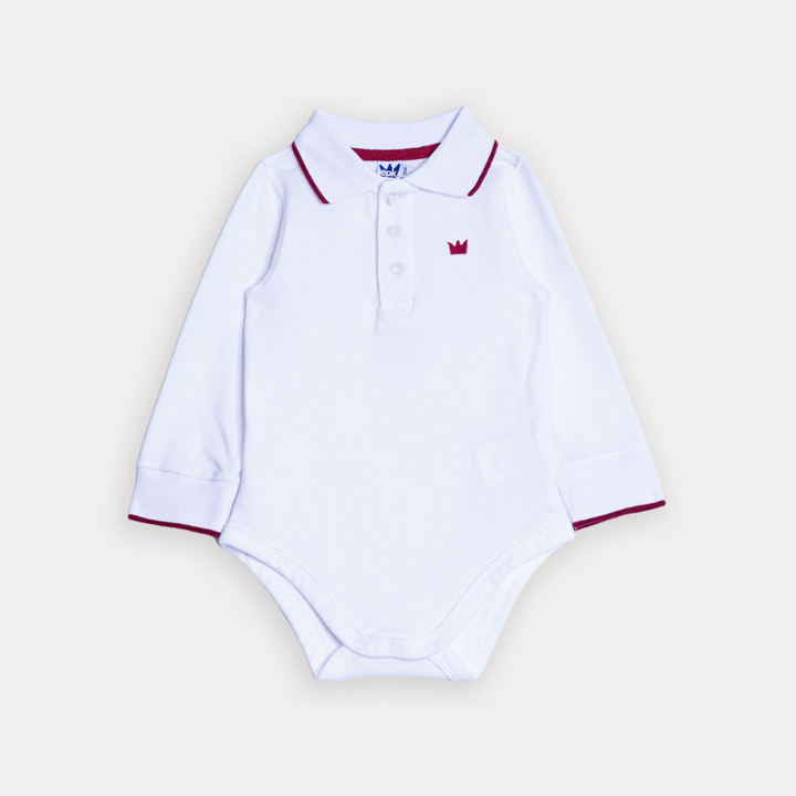 Body Chemise De Algodón Blanco Manga Larga Con Detalles En Vinotinto Para Bebe Niño