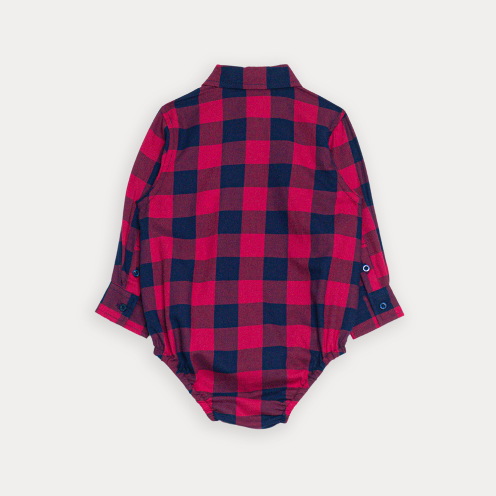 Body Camisa De Flannel Twill Con Estampado De Cuadros Vinotinto Y Azul Para Bebe Niño