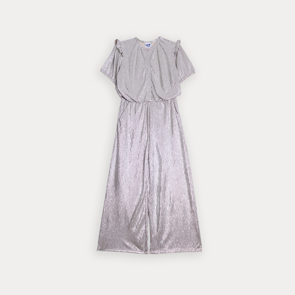 Jumpsuit De Tela Texturizada Manga Corto Dorado Metálico Para Niña