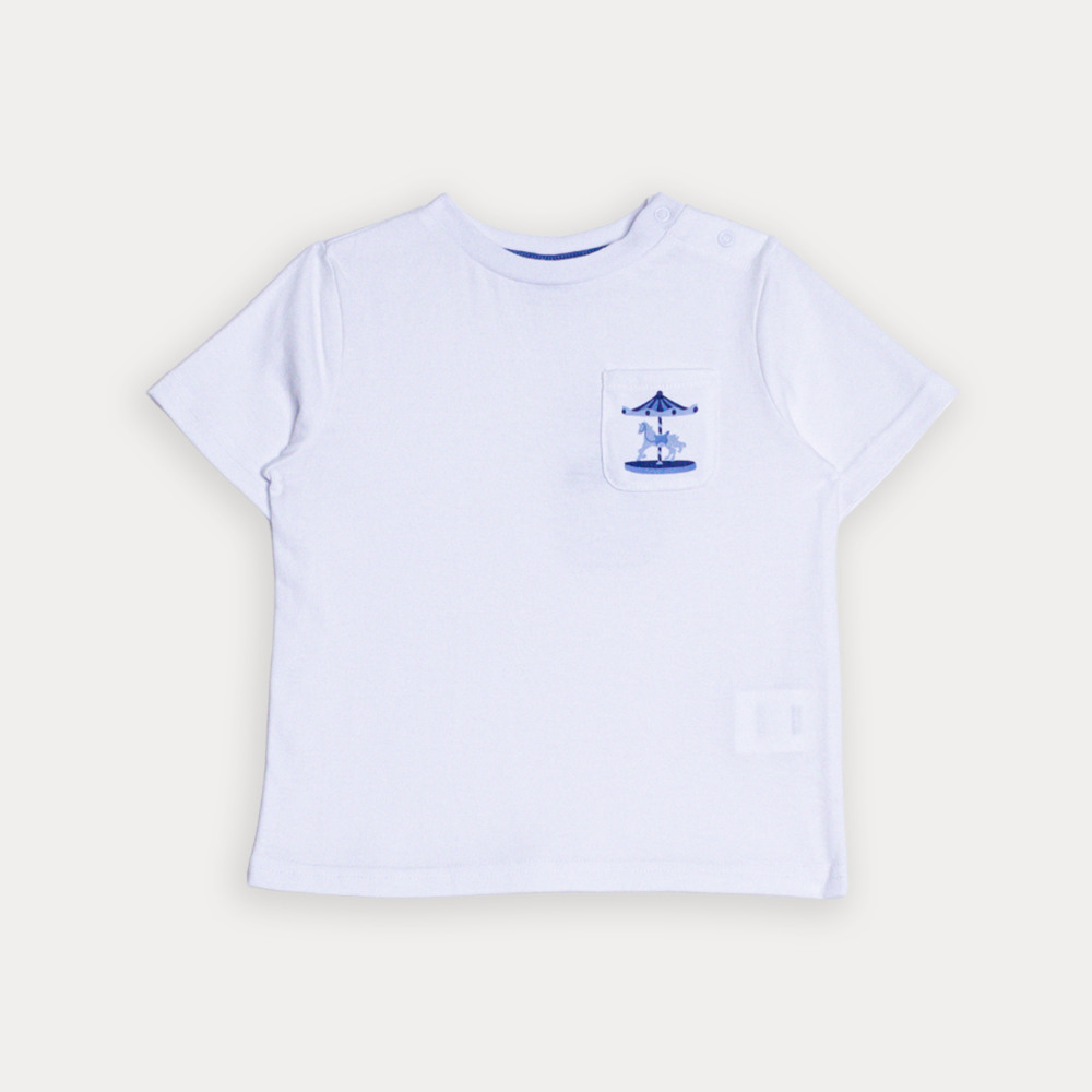 Franela De Algodón Blanco Con Gráfico De Carrusel En Bolsillo Para Bebe Niño