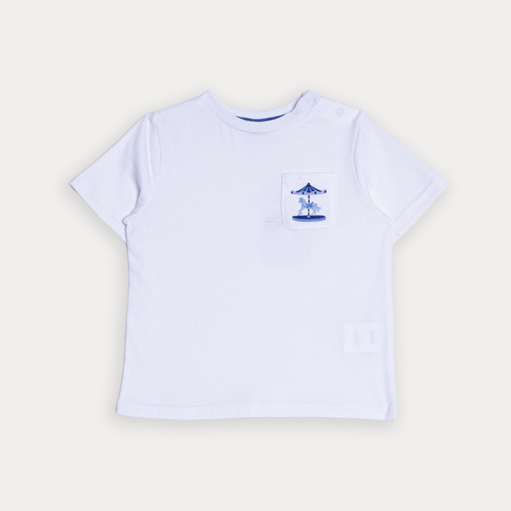 Franela De Algodón Blanco Con Gráfico De Carrusel En Bolsillo Para Bebe Niño