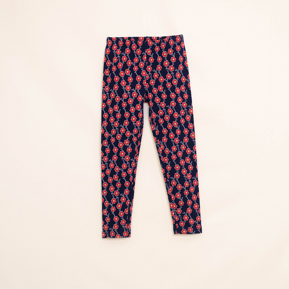Legging Azul Oscuro de Algodón con Estampado de Flores Rojas para Niña
