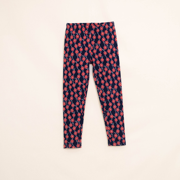 Legging Azul Oscuro de Algodón con Estampado de Flores Rojas para Niña