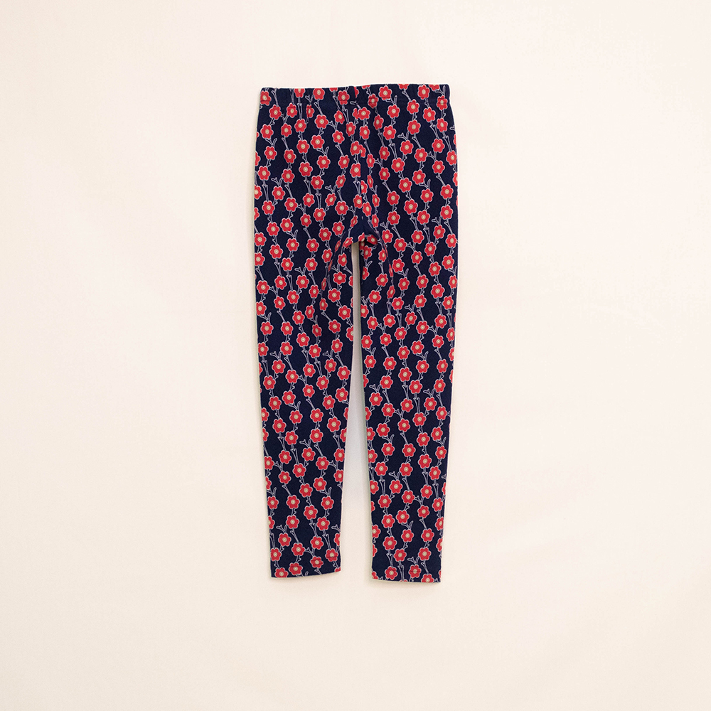 Legging Azul Oscuro de Algodón con Estampado de Flores Rojas para Niña