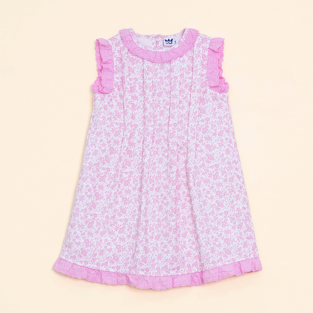 Vestido de Piqué Blanco Sin Mangas con Estampado de Flores Rosadas para Bebé Niña