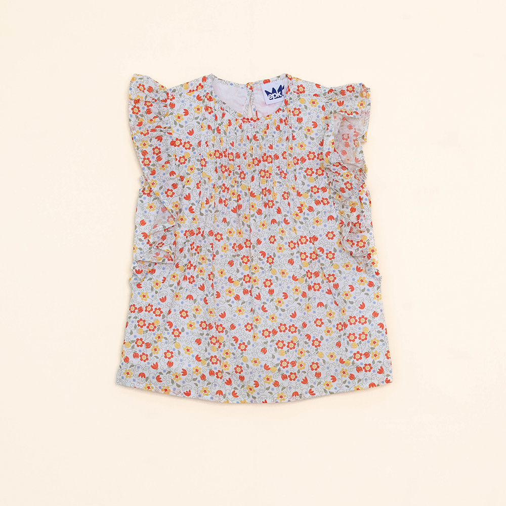 Blusa Sin Mangas de Popelina Ligera con Estampado de Flores Anaranjadas y Amarillas para Niña