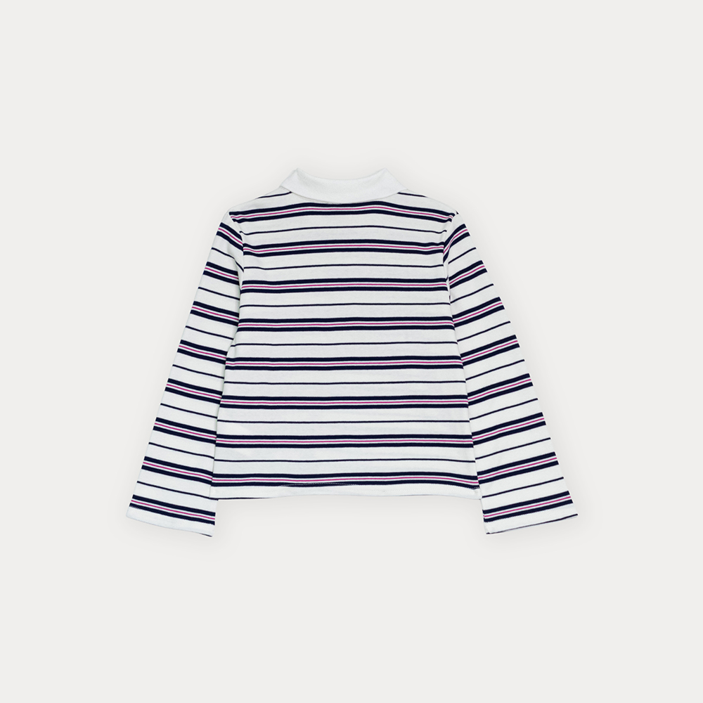 Chemise De Algodón Crema Manga Larga Con Estampado De Rayas Y Bordado De Flor Fucsia Para Niña