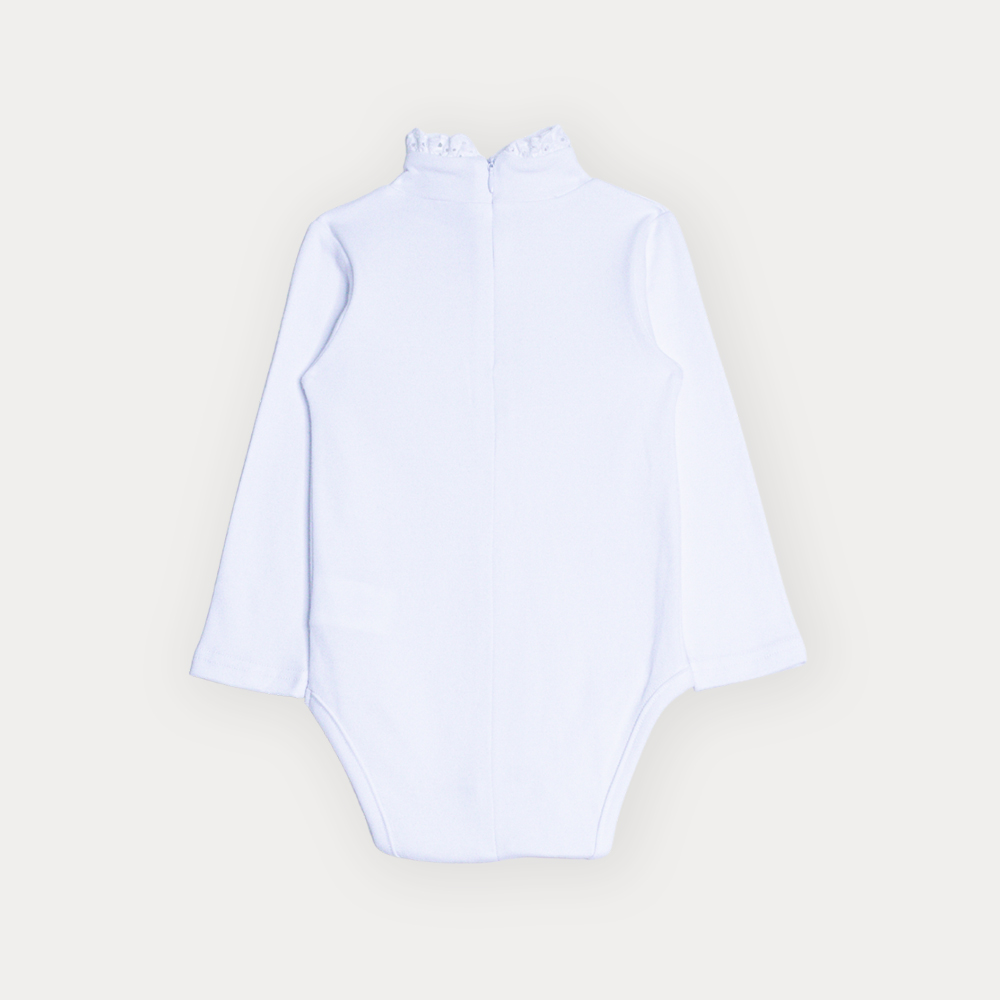 Body De Algodón Blanco Manga Larga Con Cuello Tortuga Y Detalle De Eyelet Para Bebe Niña