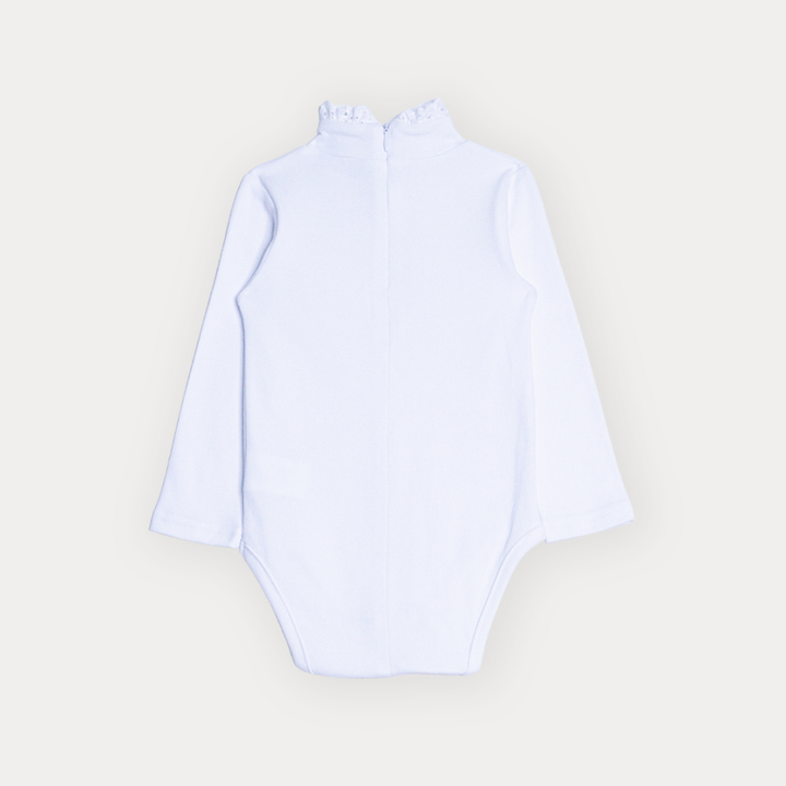 Body De Algodón Blanco Manga Larga Con Cuello Tortuga Y Detalle De Eyelet Para Bebe Niña