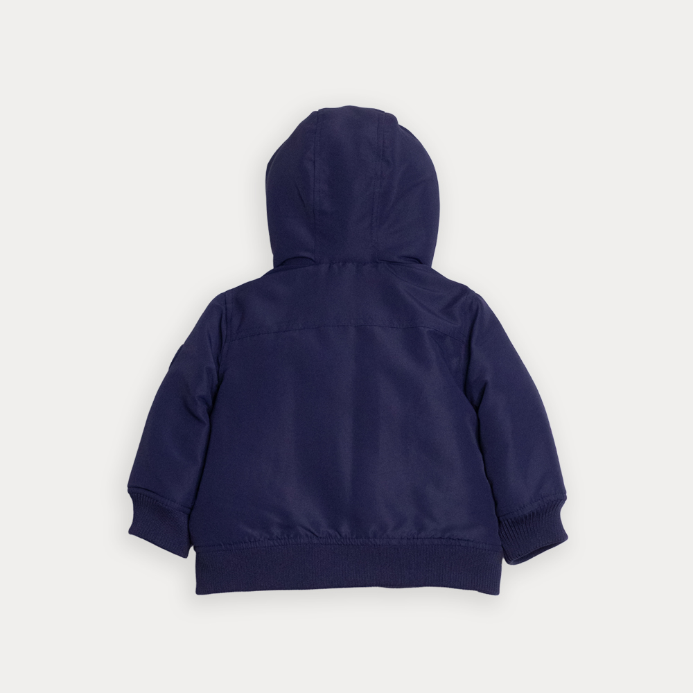 Chaqueta Acolchada Azul Marino Con Forro Rojo Y Capucha Para Bebe Niño