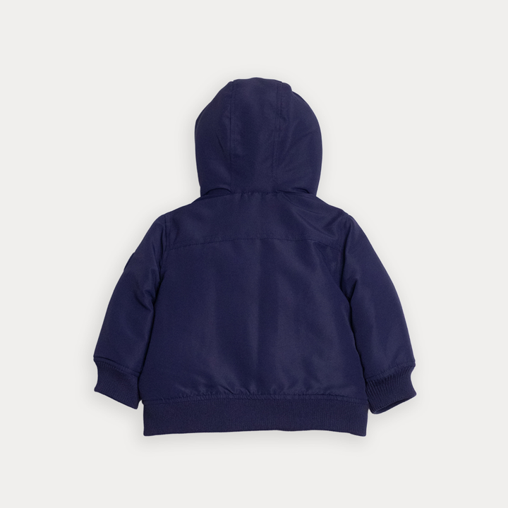 Chaqueta Acolchada Azul Marino Con Forro Rojo Y Capucha Para Bebe Niño