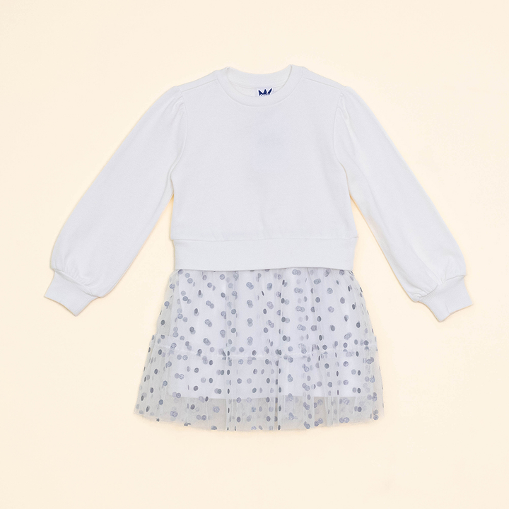 Vestido Color Hueso de Algodón con Falda de Tull para Niña