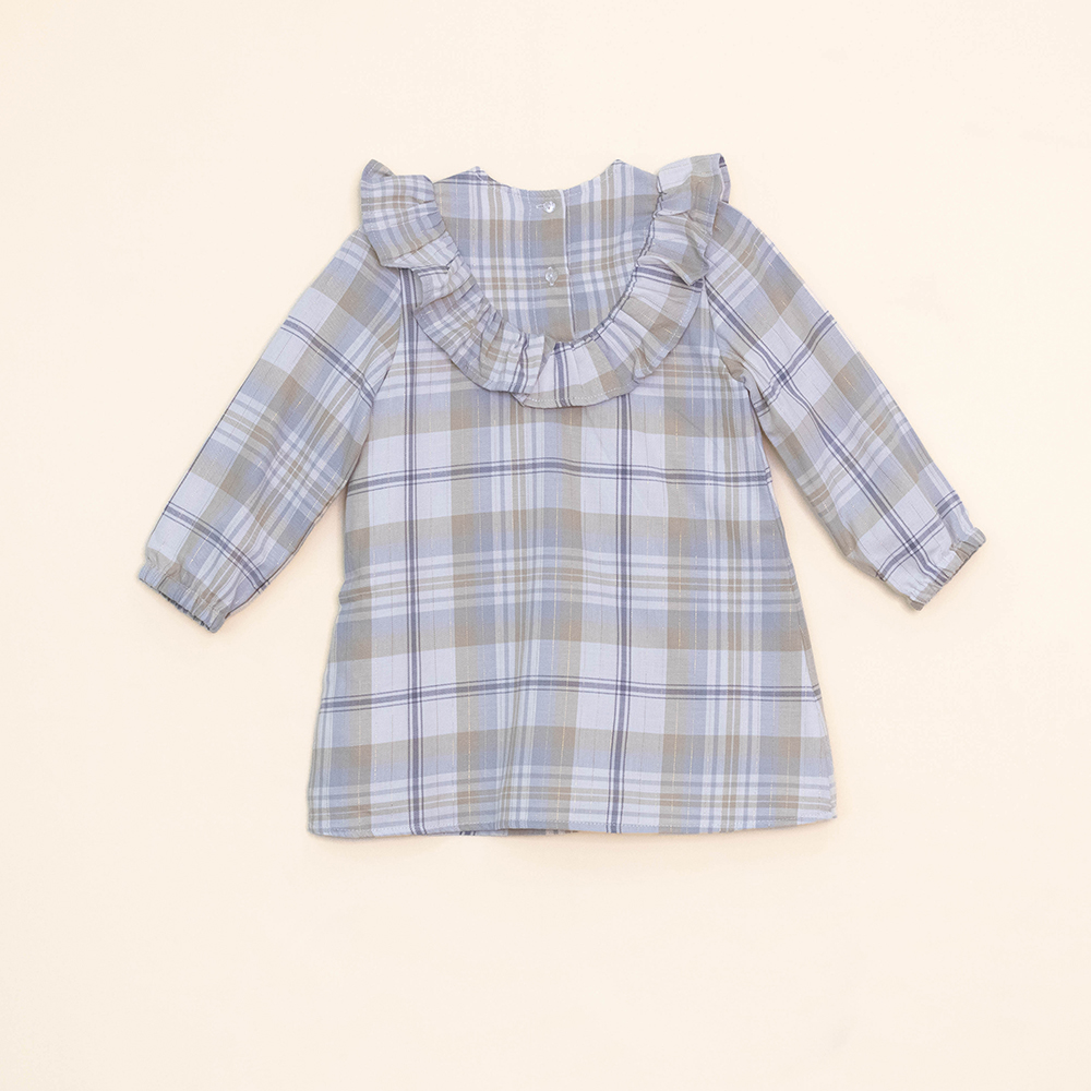 Vestido de Flanel Twill de Cuadros Grises y Crema con Rayas Doradas para Bebé Niña