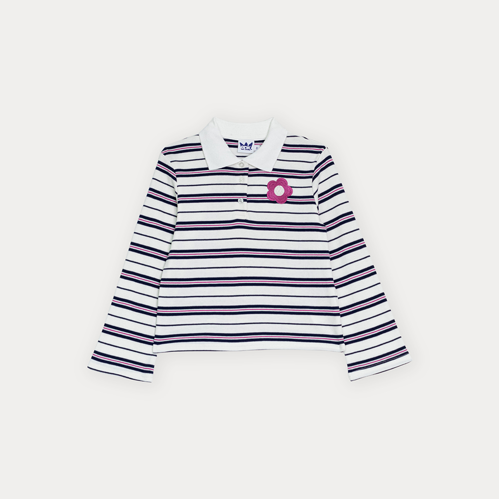 Chemise De Algodón Crema Manga Larga Con Estampado De Rayas Y Bordado De Flor Fucsia Para Niña