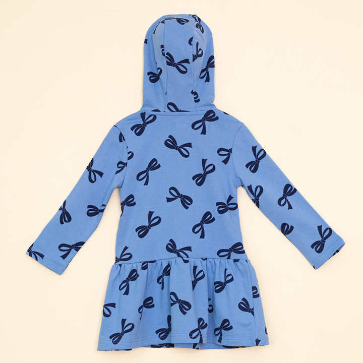 Vestido Azul Manga Larga de Algodón con Estampado de Lazos y Capucha para Niña