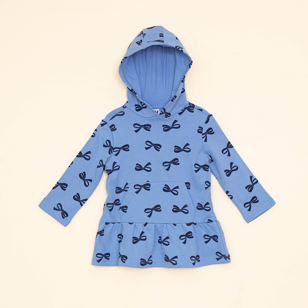 Vestido Azul Manga Larga de Algodón con Estampado de Lazos y Capucha para Bebé Niña
