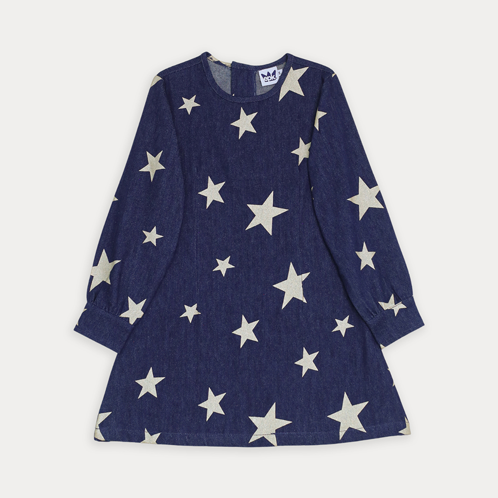 Vestido De Jean Oscuro Con Estampado De Estrellas Doradas Metálicas Para Niña