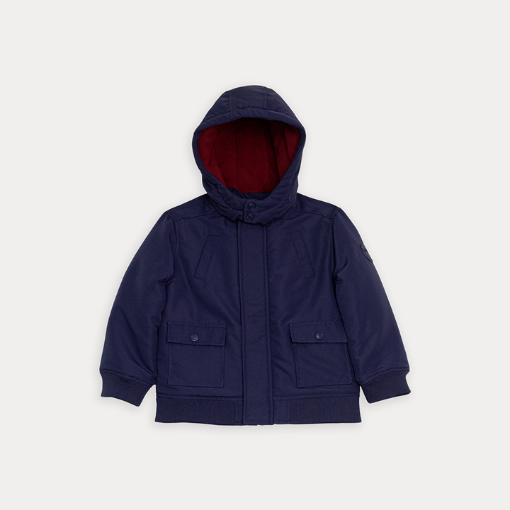 Chaqueta Acolchada Azul Marino con Capucha y Forro Rojo para Niño