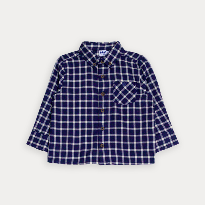 Camisa De Twill Manga Larga Con Estampado De Cuadros Azul Marino Y Crema Para Bebe Niño