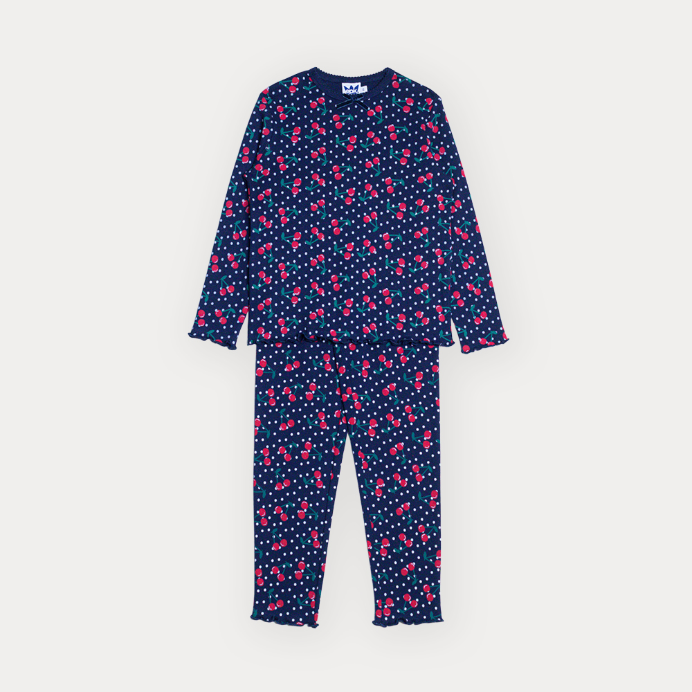Pijama De Algodón Azul Marino Con Estampado De Cerezas Y Punticos Para Niña