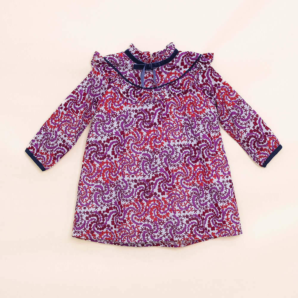 Vestido de Popelina Ligera con Estampado Rojo y Morado Manga Larga para Bebé Niña