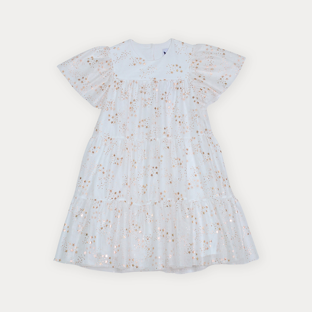 Vestido De Tela Ligera Crema Con Estampado De Estrellas Doradas Metálicas Para Niña